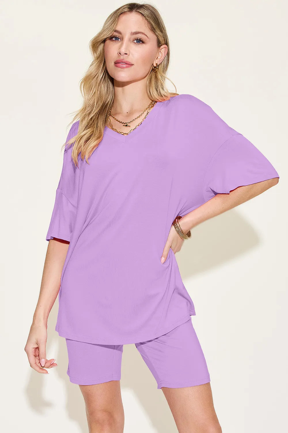 Basic Bamboo Full Size  V-Neck Drop Shoulder T-Shirt and Shorts Set