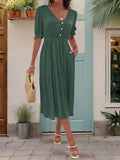 Ruched V-Neck Half Sleeve Midi Dress