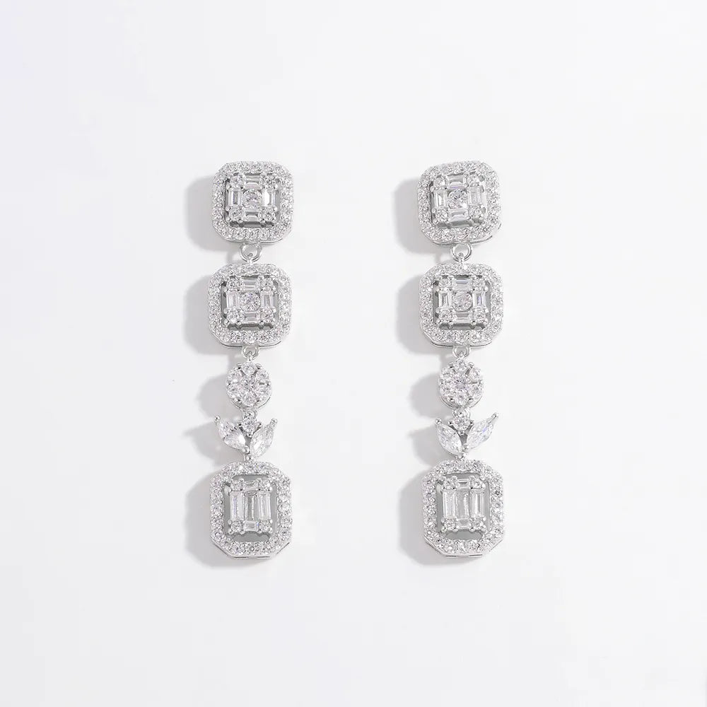925 Sterling Silver Inlaid Zircon Geometric Dangle Earrings