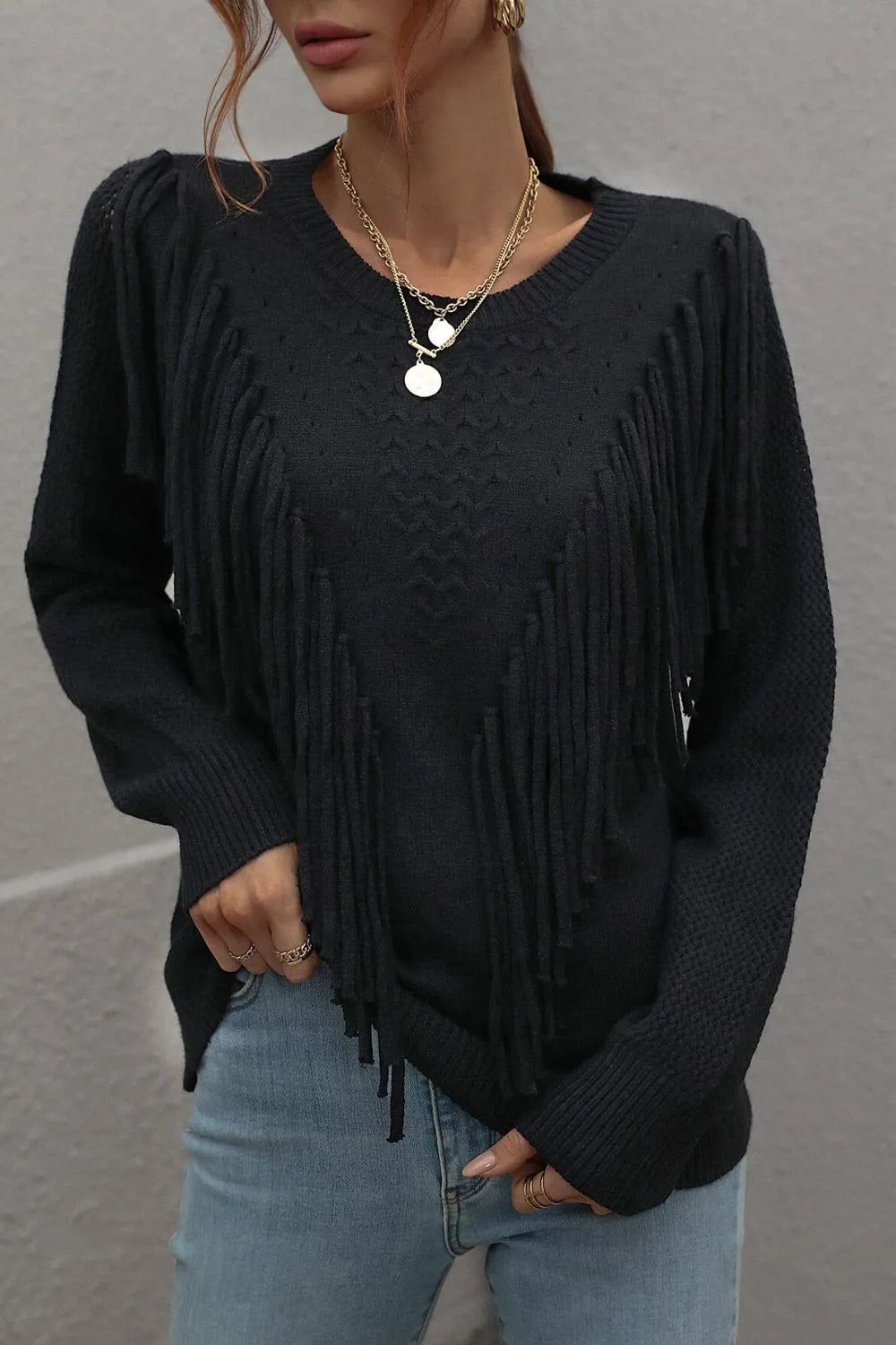 Fringe Detail Ribbed Trim Sweater