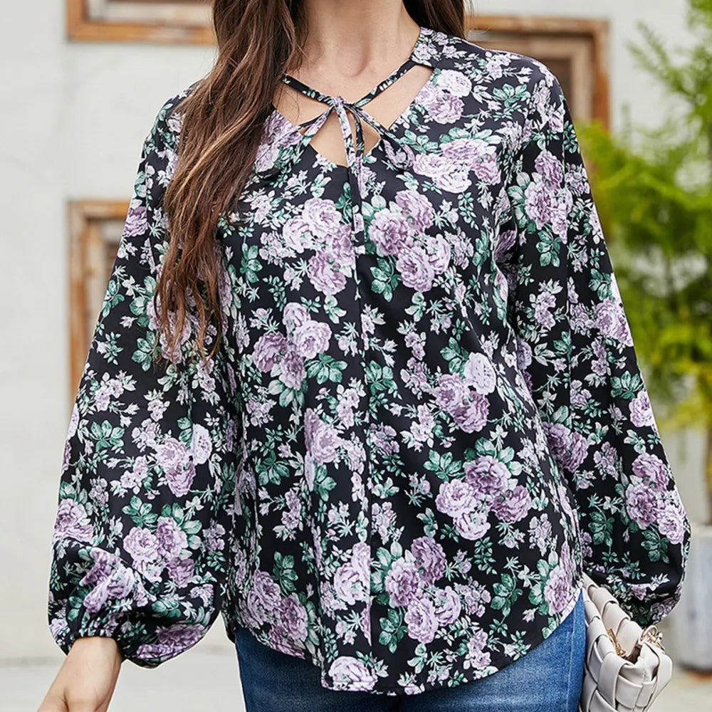 Floral Notched Neck with Tie Blouse