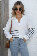 Ribbed Notched Neck Striped Long Sleeve Sweater