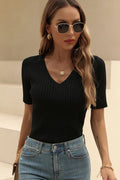V-Neck Short Sleeve Knit Top