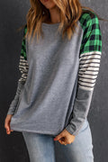 Striped Plaid Round Neck Long Sleeve T-Shirt