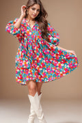 Floral Tie Neck Puff Sleeve Mini Dress