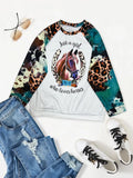 Plus Size Round Neck Long Sleeve Horse Graphic T-Shirt
