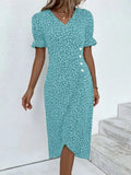 Full Size Printed Surplice Flounce Sleeve Midi Dress