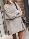 Openwork Round Neck Long Sleeve Slit Sweater