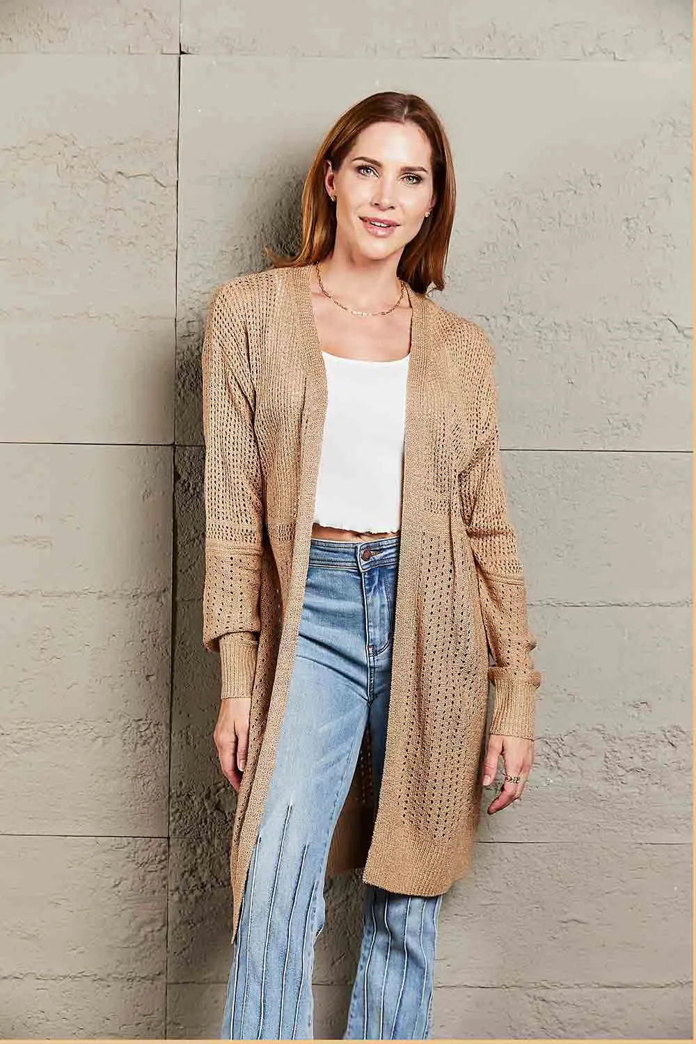 Openwork Dropped Shoulder Open Front Cardigan