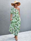 Printed Tie Waist One Shoulder Maxi Dress