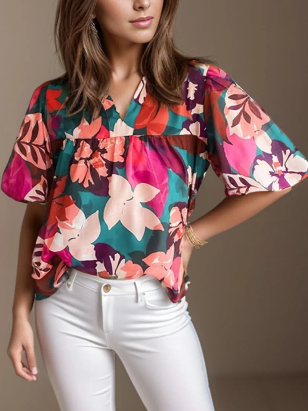 Printed Notched Puff Sleeve Blouse