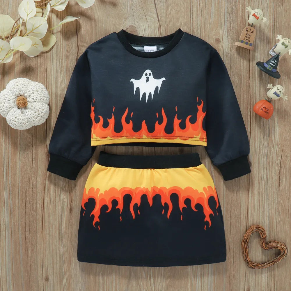 Girls Flame Print Cropped Top and Skirt Set