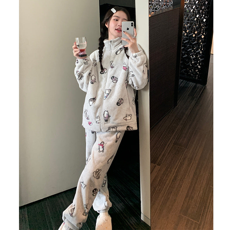 Autumn and Winter Pajamas Long Sleeve Trousers Suit Couple's Homewear Women's Coral Fleece Cartoon Two Piece Set Can Be Worn outside