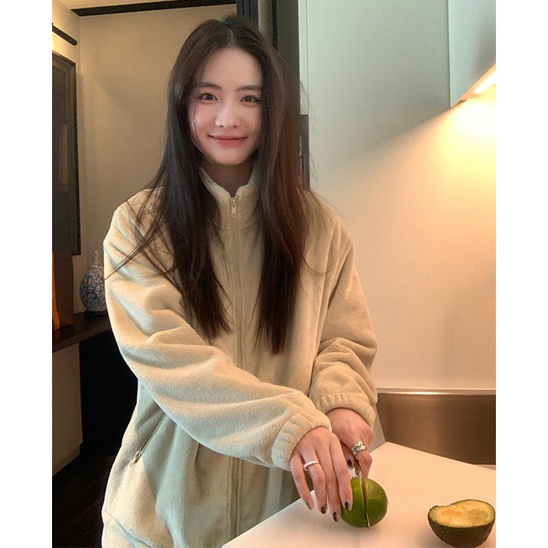 Autumn and Winter Pajamas Long Sleeve Trousers Suit Couple's Homewear Women's Coral Fleece Cartoon Two Piece Set Can Be Worn outside