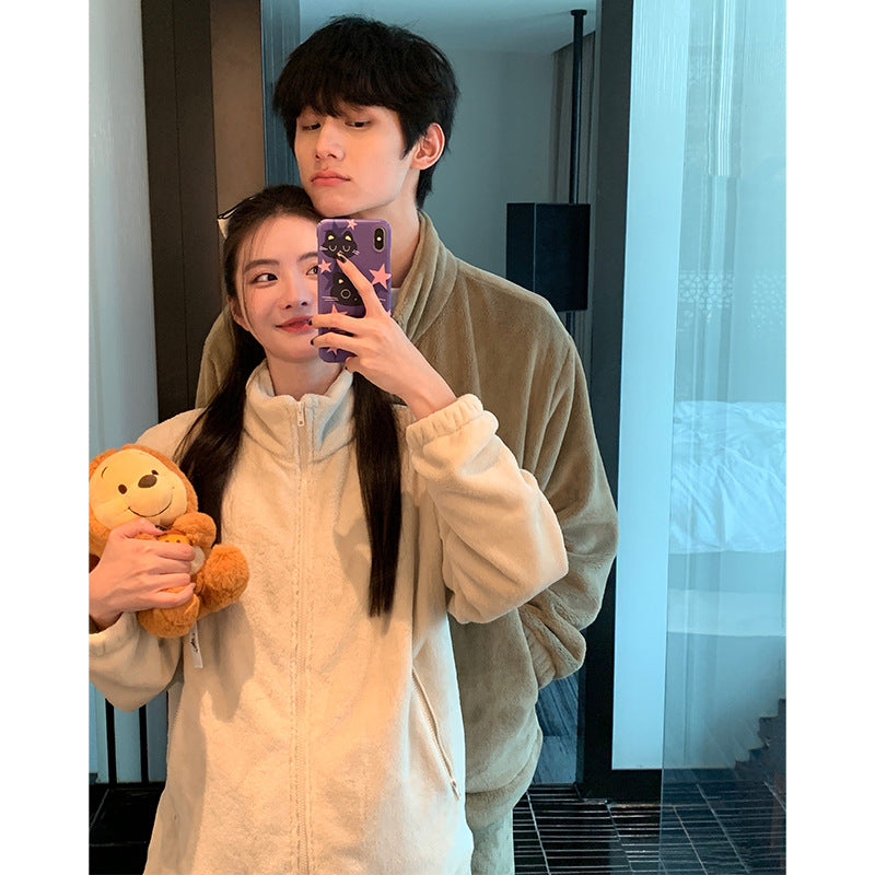 Autumn and Winter Pajamas Long Sleeve Trousers Suit Couple's Homewear Women's Coral Fleece Cartoon Two Piece Set Can Be Worn outside