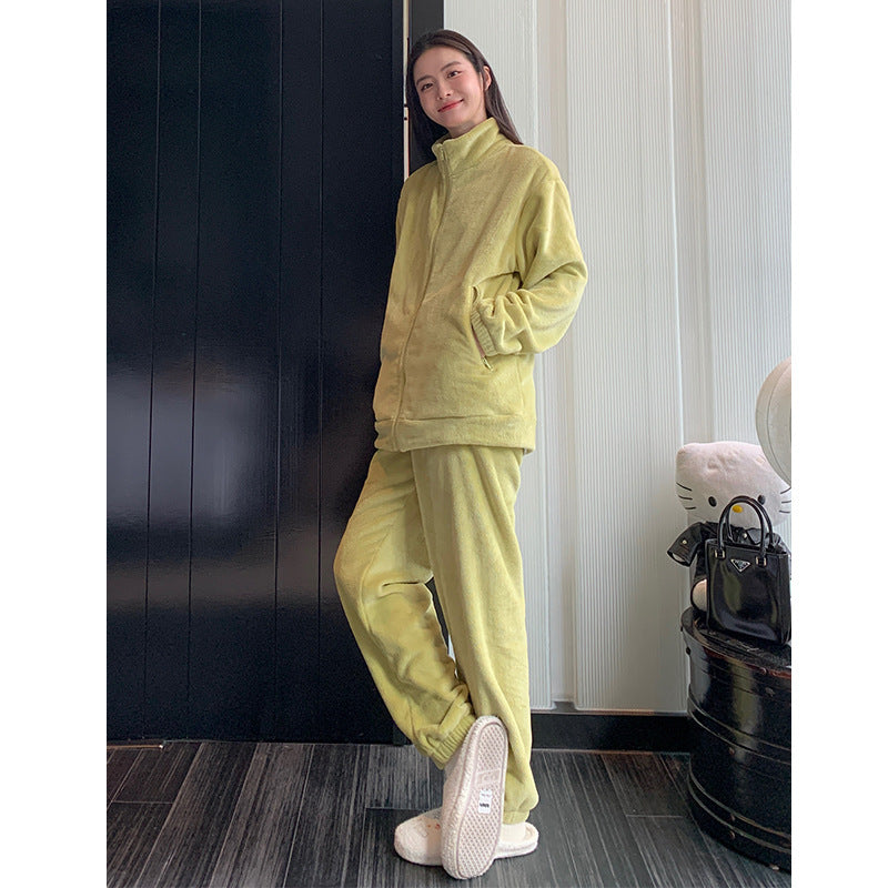 Autumn and Winter Pajamas Long Sleeve Trousers Suit Couple's Homewear Women's Coral Fleece Cartoon Two Piece Set Can Be Worn outside