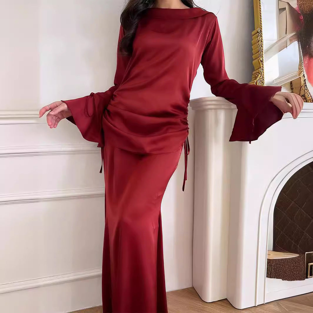 New in 2024: Fashionable and Casual Outfit with Satin Drawstring Bell Sleeve Top and High Waist Skirt