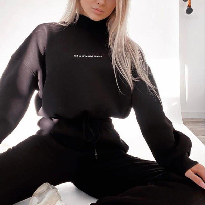 Autumn and winter fashion casual sweatshirt set, embroidered letter high-neck top, drawstring patchwork sweatpants, two-piece set for women