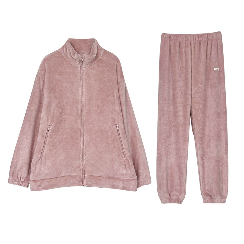 Autumn and Winter Pajamas Long Sleeve Trousers Suit Couple's Homewear Women's Coral Fleece Cartoon Two Piece Set Can Be Worn outside