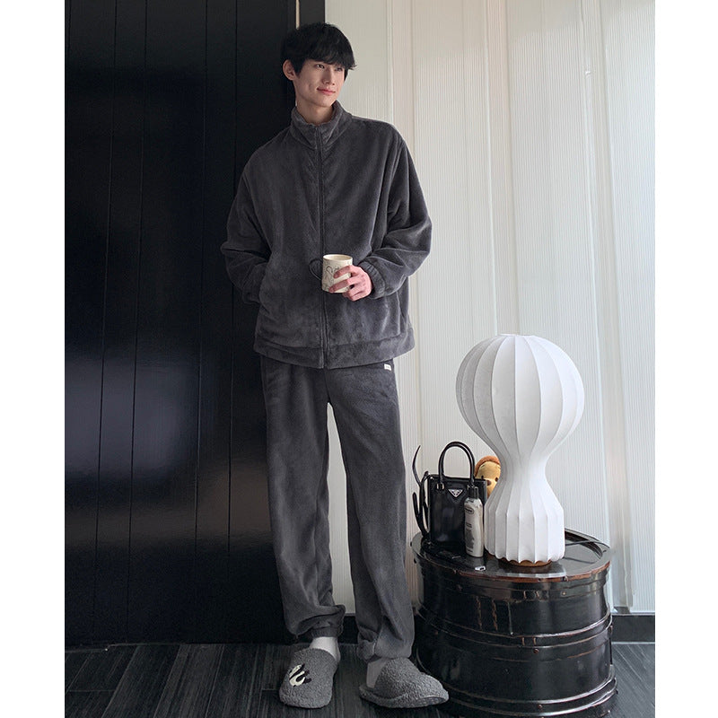 Autumn and Winter Pajamas Long Sleeve Trousers Suit Couple's Homewear Women's Coral Fleece Cartoon Two Piece Set Can Be Worn outside