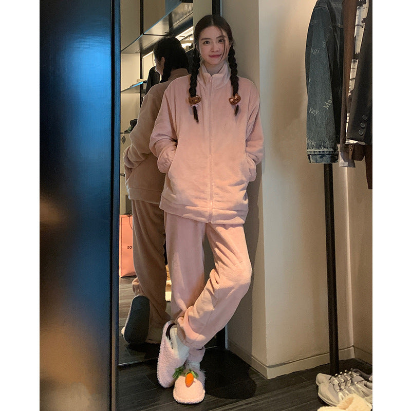 Autumn and Winter Pajamas Long Sleeve Trousers Suit Couple's Homewear Women's Coral Fleece Cartoon Two Piece Set Can Be Worn outside