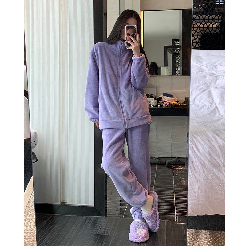 Autumn and Winter Pajamas Long Sleeve Trousers Suit Couple's Homewear Women's Coral Fleece Cartoon Two Piece Set Can Be Worn outside