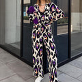 INS high-end fashion casual suit printed blazer short long-sleeve top high-waisted wide-leg pants wholesale.