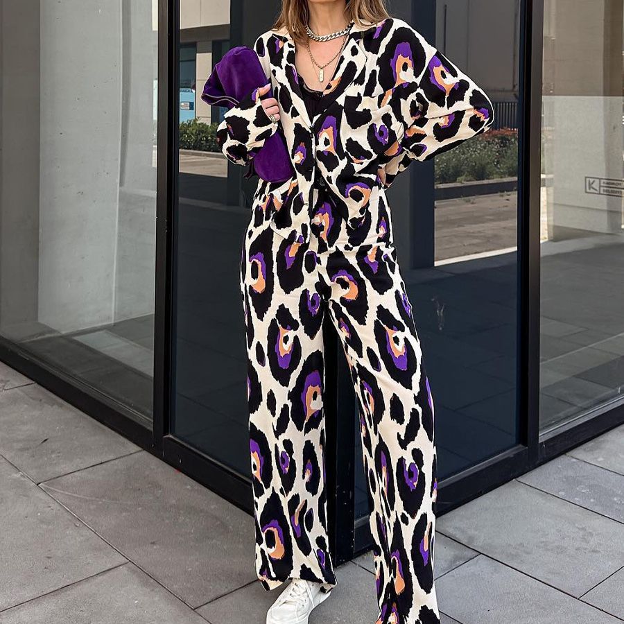 INS high-end fashion casual suit printed blazer short long-sleeve top high-waisted wide-leg pants wholesale.