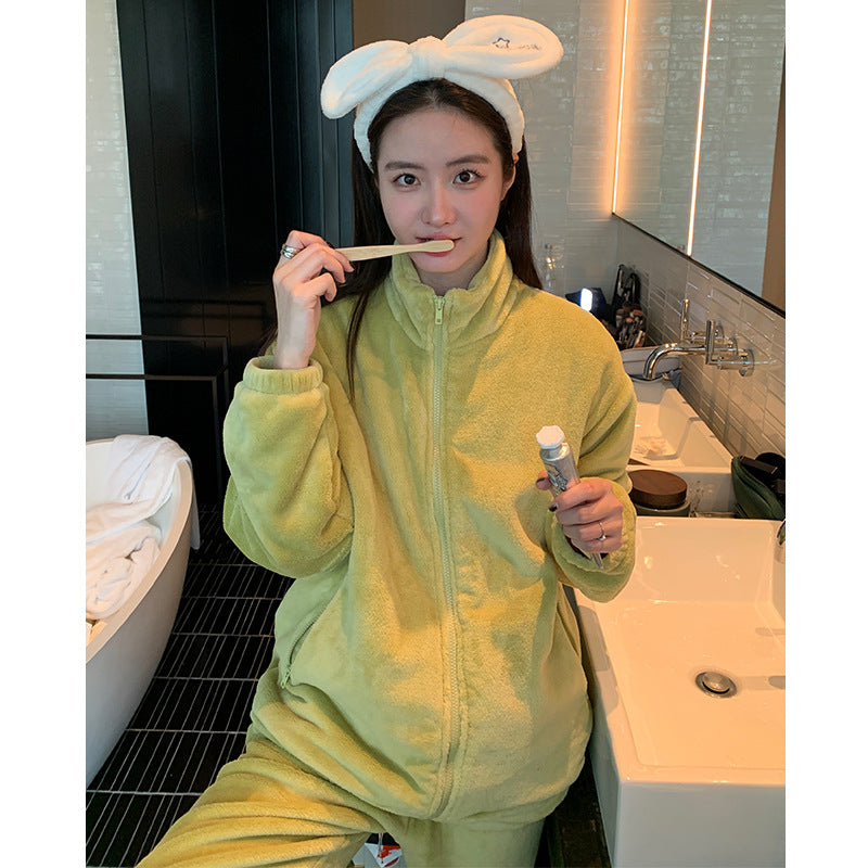Autumn and Winter Pajamas Long Sleeve Trousers Suit Couple's Homewear Women's Coral Fleece Cartoon Two Piece Set Can Be Worn outside