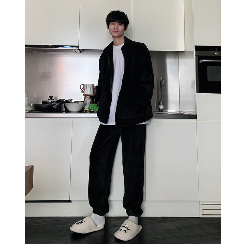 Autumn and Winter Pajamas Long Sleeve Trousers Suit Couple's Homewear Women's Coral Fleece Cartoon Two Piece Set Can Be Worn outside
