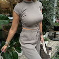 New fashion casual suit with a knit texture, half-high collar short-sleeve T-shirt, and drawstring high-waist long pants