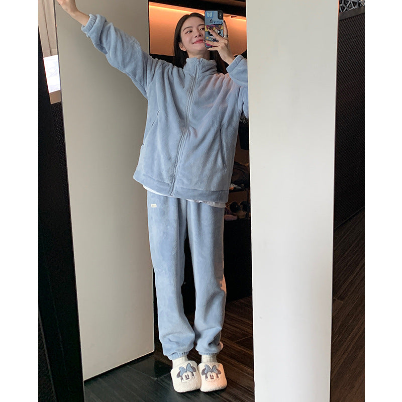 Autumn and Winter Pajamas Long Sleeve Trousers Suit Couple's Homewear Women's Coral Fleece Cartoon Two Piece Set Can Be Worn outside