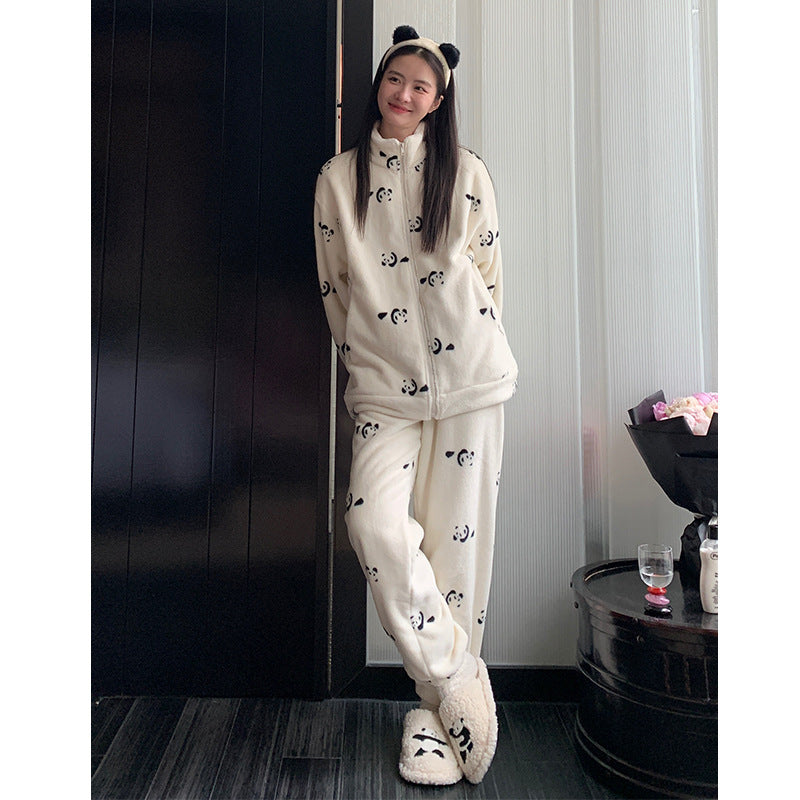 Autumn and Winter Pajamas Long Sleeve Trousers Suit Couple's Homewear Women's Coral Fleece Cartoon Two Piece Set Can Be Worn outside