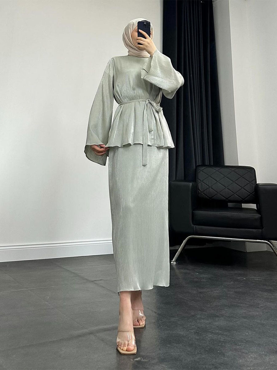 New 2024 Middle Eastern Fashion Casual Set, Shiny Loose Tie Pullover Top and High-Waisted Skirt