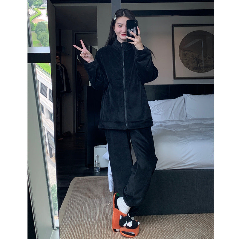 Autumn and Winter Pajamas Long Sleeve Trousers Suit Couple's Homewear Women's Coral Fleece Cartoon Two Piece Set Can Be Worn outside