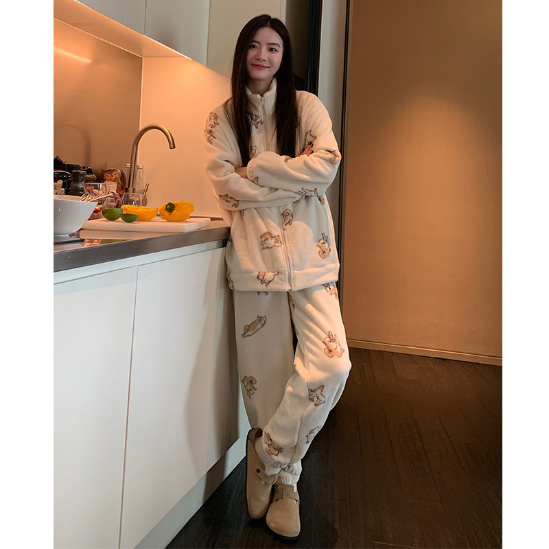 Autumn and Winter Pajamas Long Sleeve Trousers Suit Couple's Homewear Women's Coral Fleece Cartoon Two Piece Set Can Be Worn outside