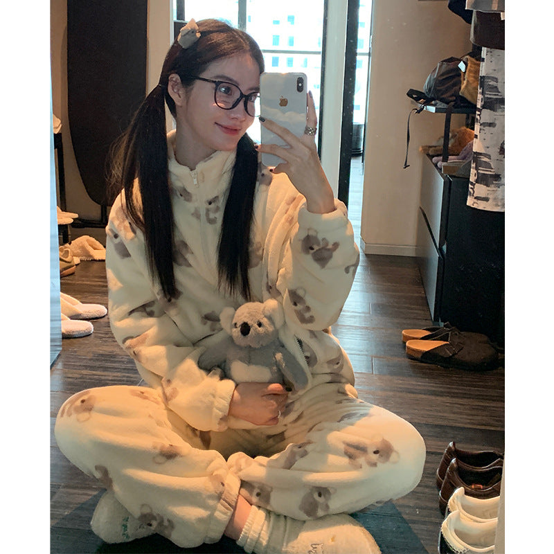 Autumn and Winter Pajamas Long Sleeve Trousers Suit Couple's Homewear Women's Coral Fleece Cartoon Two Piece Set Can Be Worn outside