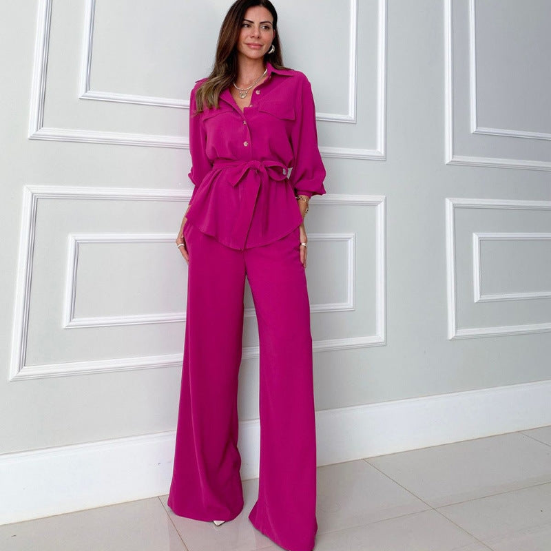 Latin American new fashionable casual suit with a chic solid-colored lantern sleeve single-breasted shirt and high-waisted wide-leg pants