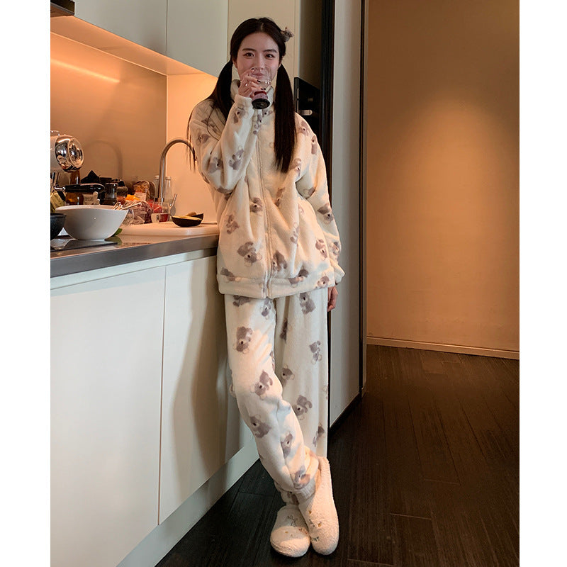Autumn and Winter Pajamas Long Sleeve Trousers Suit Couple's Homewear Women's Coral Fleece Cartoon Two Piece Set Can Be Worn outside