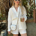 2024 Lazy Style INS New Fashion Casual Set V-neck Long Sleeve Shirt High Waist Drawstring Shorts Two-piece Set