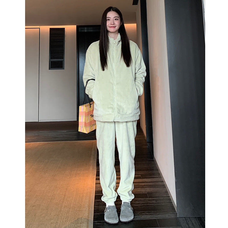 Autumn and Winter Pajamas Long Sleeve Trousers Suit Couple's Homewear Women's Coral Fleece Cartoon Two Piece Set Can Be Worn outside