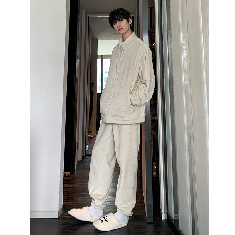 Autumn and Winter Pajamas Long Sleeve Trousers Suit Couple's Homewear Women's Coral Fleece Cartoon Two Piece Set Can Be Worn outside