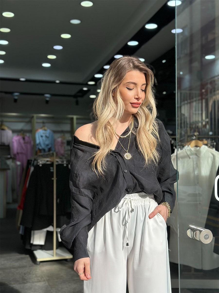INS new imitation Tencel high-quality large silhouette long-sleeve V-neck casual shirt