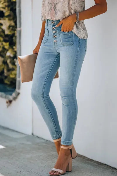 Button Fly Skinny Jeans with Pockets
