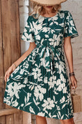 Floral Round Neck Tie Belt Pleated Dress