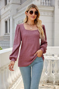 Waffle-Knit Puff Sleeve Square Neck Top