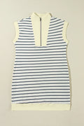 Slit Striped Collared Neck Cap Sleeve Mini Dress