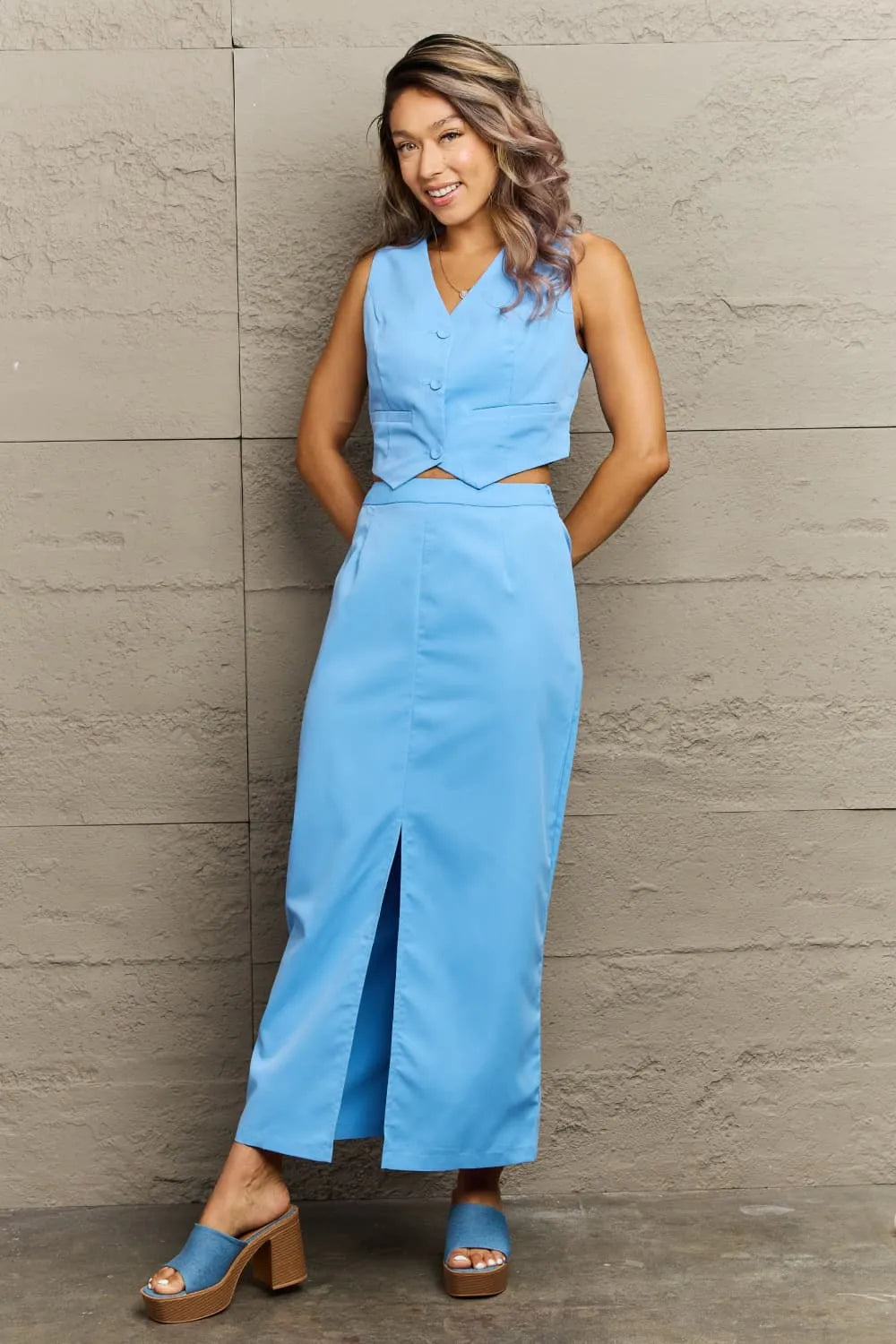 V-Neck Vest and Slit Maxi Skirt Set