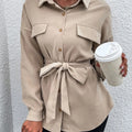 Drop Shoulder Button Front Belt Overshirt