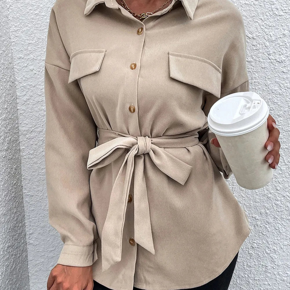Drop Shoulder Button Front Belt Overshirt